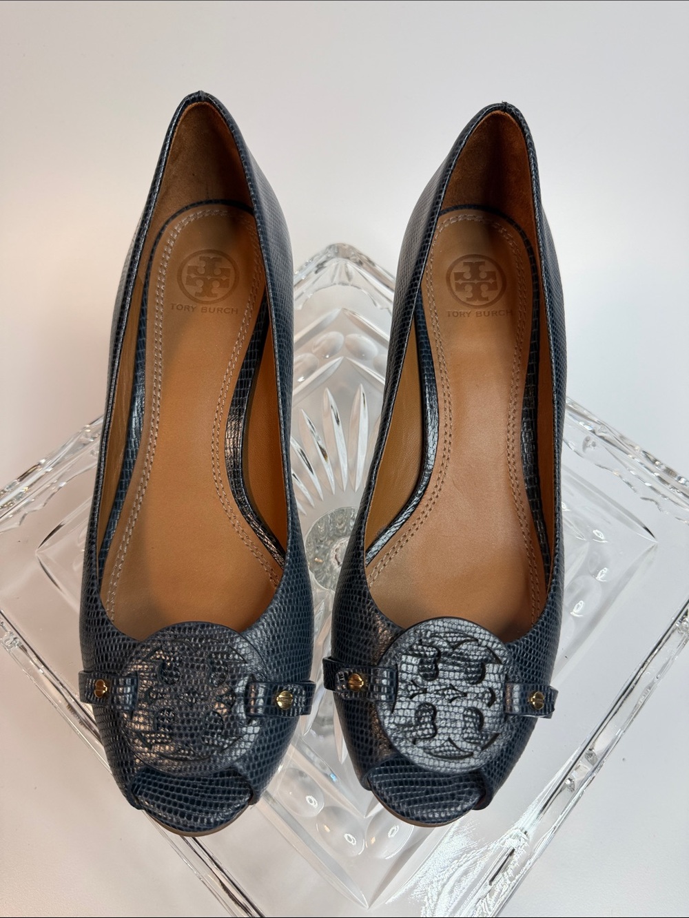 Tory Burch Navy Mini Miller lizard embosssed peep toe wedge pump 8.5
